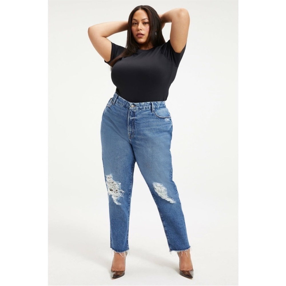 Good American Blue Straight Leg Distressed Jeans
